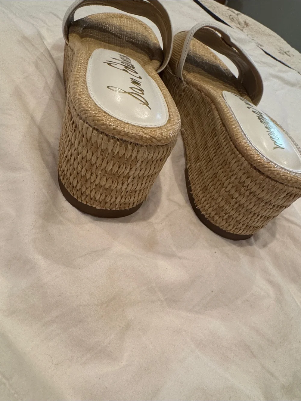 Sam Edelman Natural Raffia Wedge Sandals with White Trim